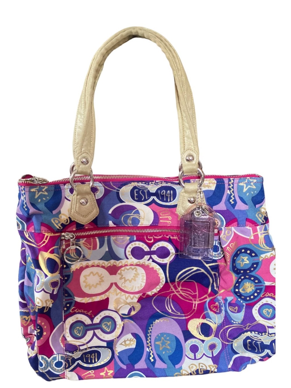 Coach Multicolor Purple & Pink Patterned Tote with Gold Handles